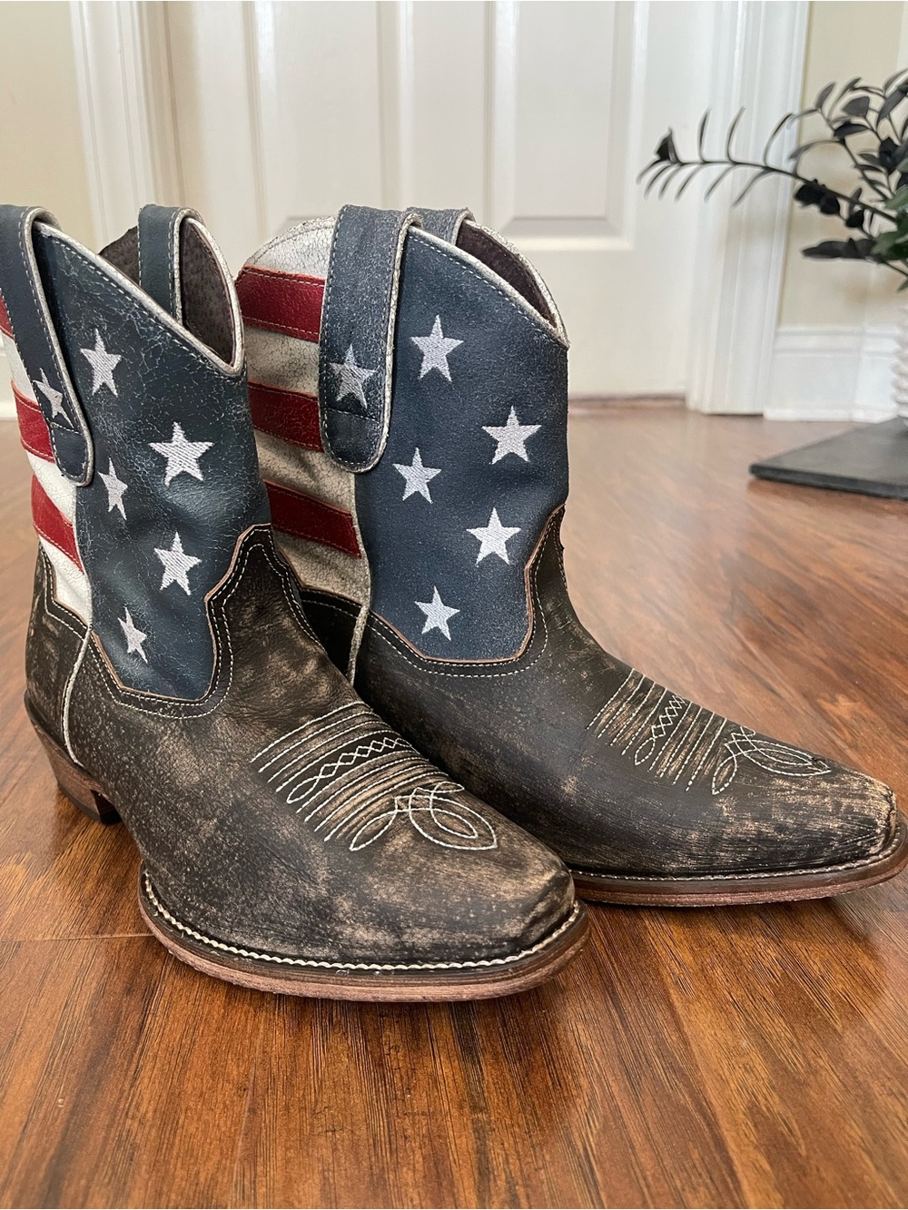 Roper American Beauty Shorty Boots Sz 8 Brown Leather Unworn Soles Flag Snip Toe